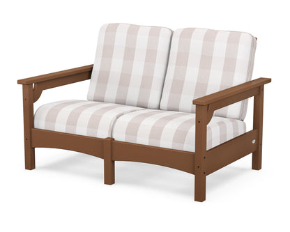 POLYWOOD® Club Loveseat in Teak / Buffalo Plaid Dune Burlap
