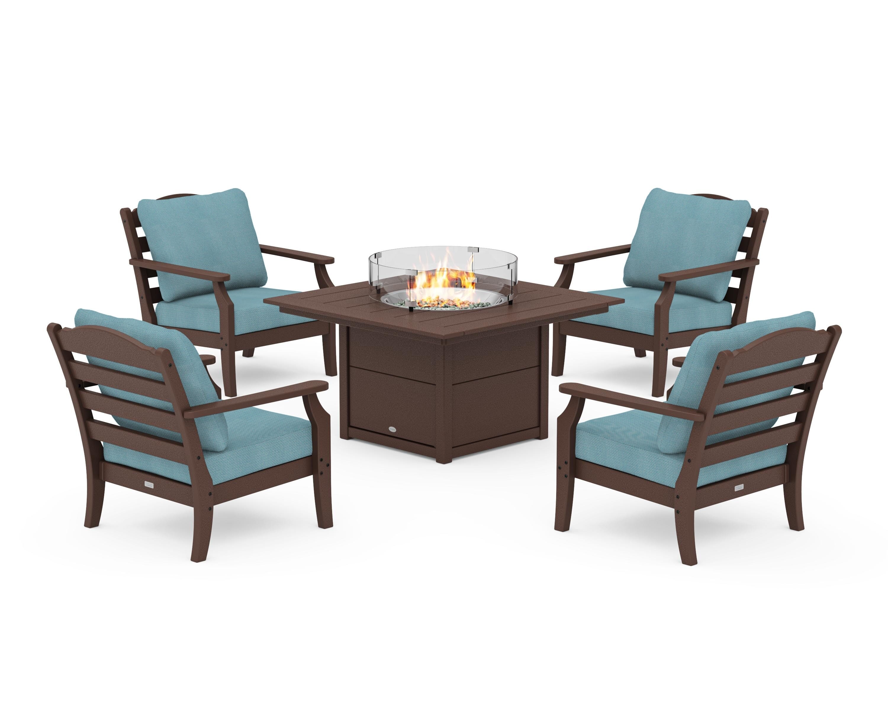 Draper James™ by  POLYWOOD® Savannah 5-Piece Deep Seating Set with Fire Pit Table in Mahogany / Lattice Sky Blue