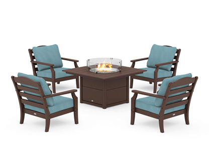 Draper James™ by  POLYWOOD® Savannah 5-Piece Deep Seating Set with Fire Pit Table in Mahogany / Lattice Sky Blue