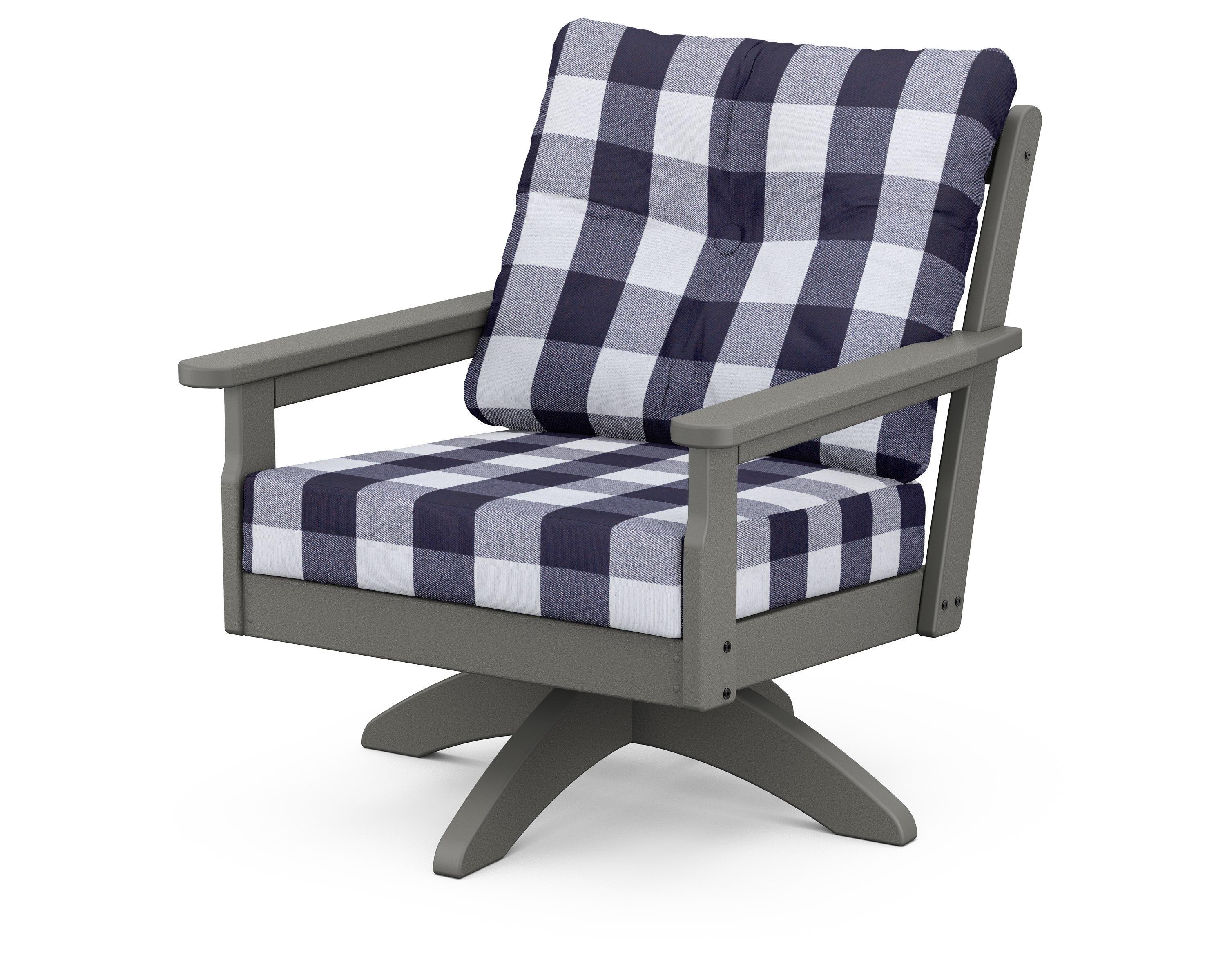 POLYWOOD® Vineyard Deep Seating Swivel Chair in Slate Grey / Buffalo Plaid Navy
