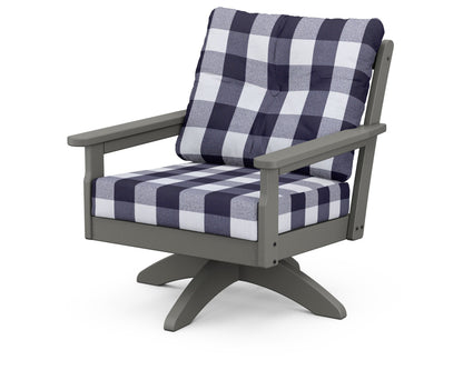 POLYWOOD® Vineyard Deep Seating Swivel Chair in Slate Grey / Buffalo Plaid Navy