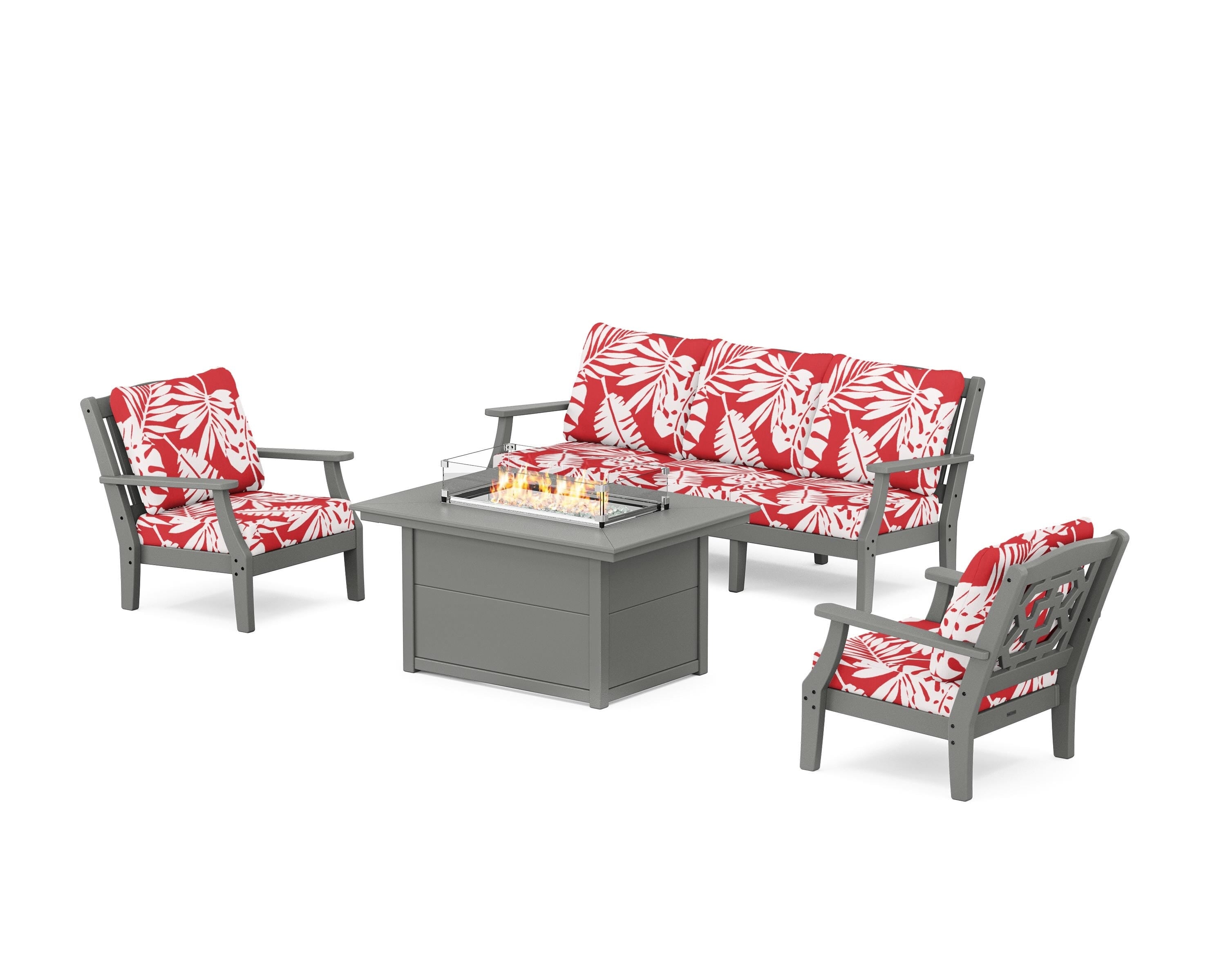 Martha Stewart by POLYWOOD® Chinoiserie Deep Seating Fire Pit Table Set in Slate Grey / Leaf Crimson