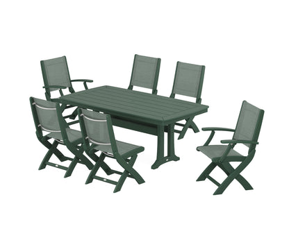POLYWOOD® Coastal Folding Chair 7-Piece Dining Set with Trestle Legs in Green / Dupioni Sea Mist Sling