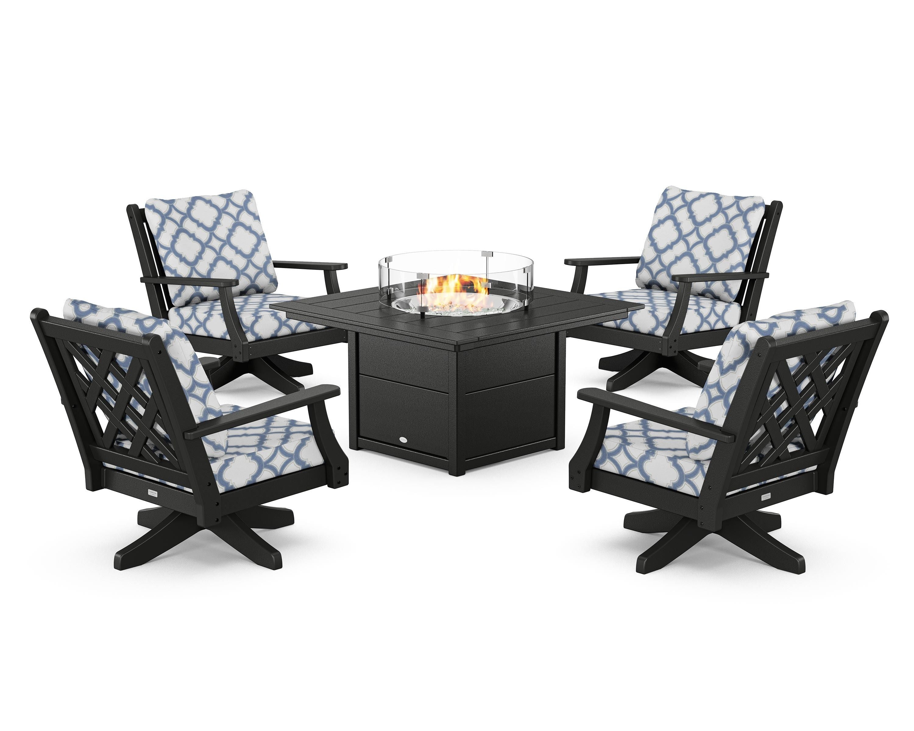Country Living Wovendale 5-Piece Deep Seating Swivel Conversation Set with Fire Pit Table in Black / Trellis Sky Blue
