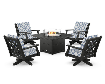 Country Living Wovendale 5-Piece Deep Seating Swivel Conversation Set with Fire Pit Table in Black / Trellis Sky Blue