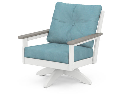 POLYWOOD® Vineyard Deep Seating Swivel Chair in White / Driftwood / Lattice Sky Blue