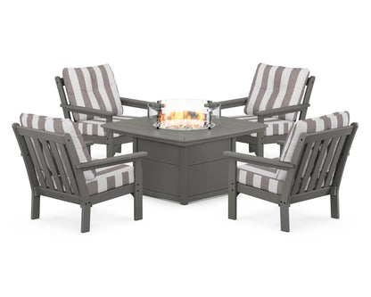 POLYWOOD® Vineyard 5-Piece Conversation Set with Fire Pit Table in Slate Grey / Cabana Stripe Grey Mist