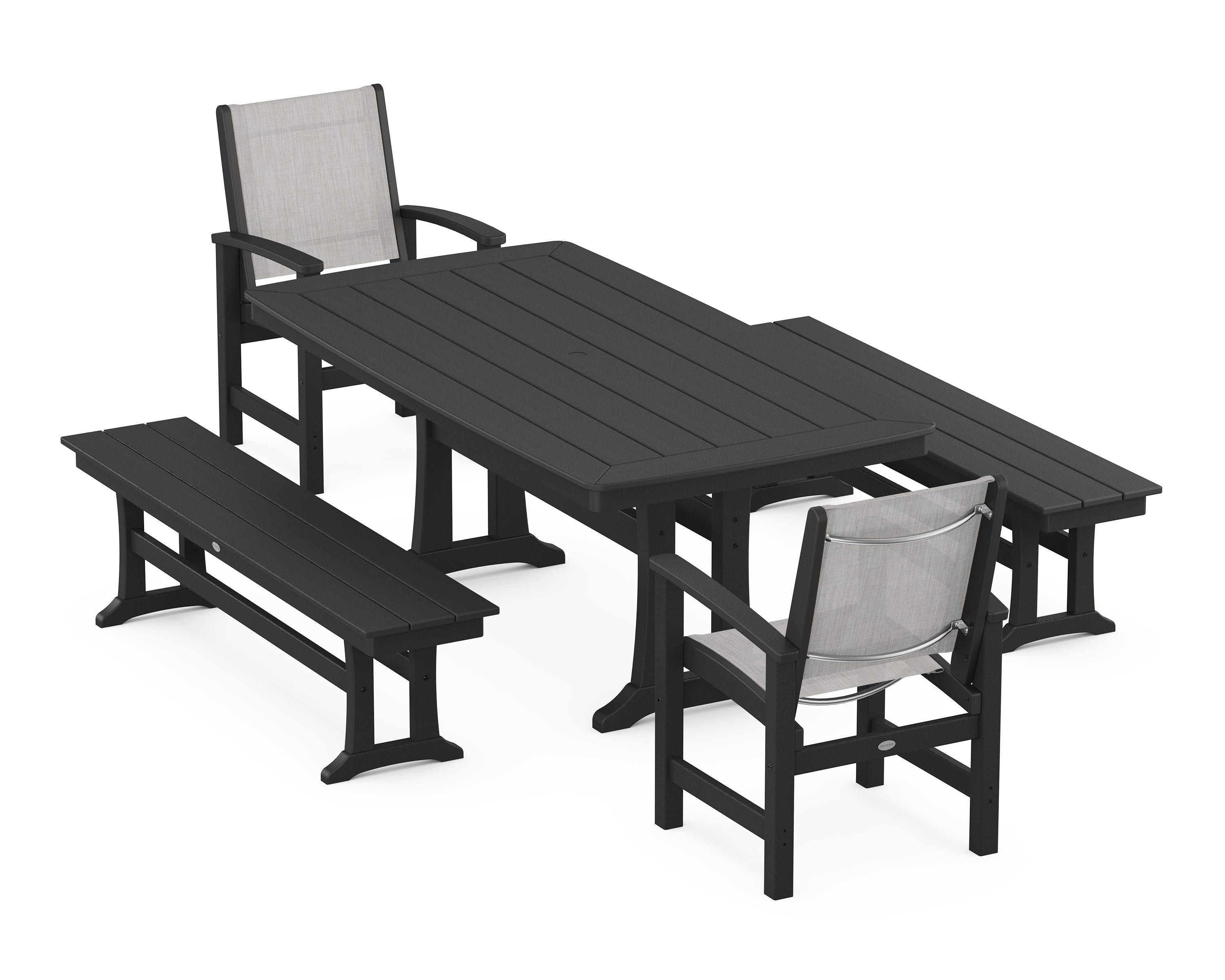 POLYWOOD® Coastal 5-Piece Dining Set with Trestle Legs and Benches in Black / Parchment Sling