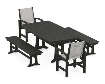 POLYWOOD® Coastal 5-Piece Dining Set with Trestle Legs and Benches in Black / Parchment Sling