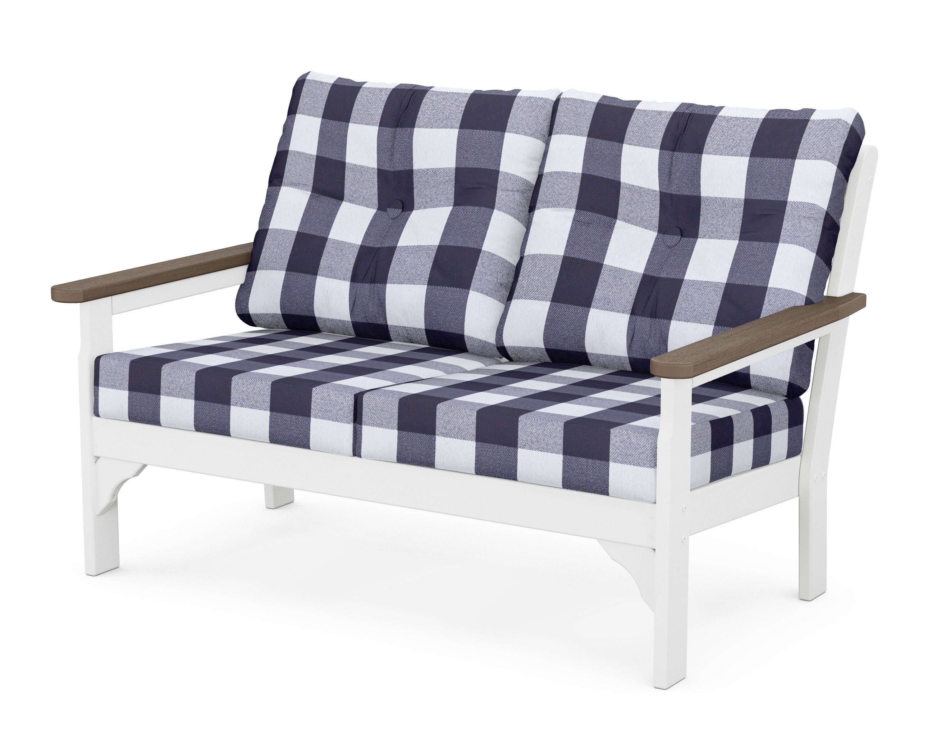 POLYWOOD® Vineyard Deep Seating Loveseat in White / Kona / Buffalo Plaid Navy