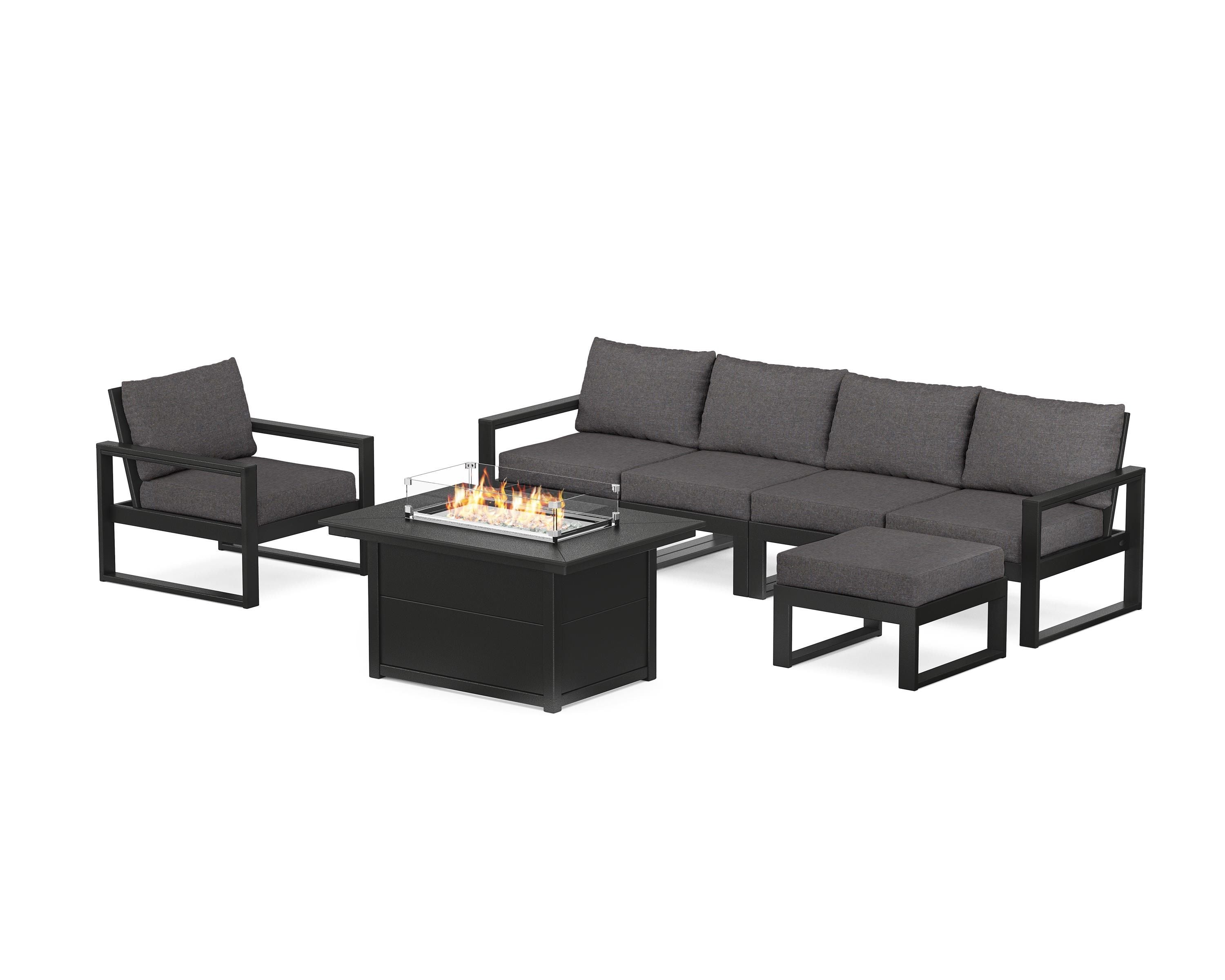 POLYWOOD® EDGE Sectional Lounge and Fire Pit Set in Black / Ash Charcoal