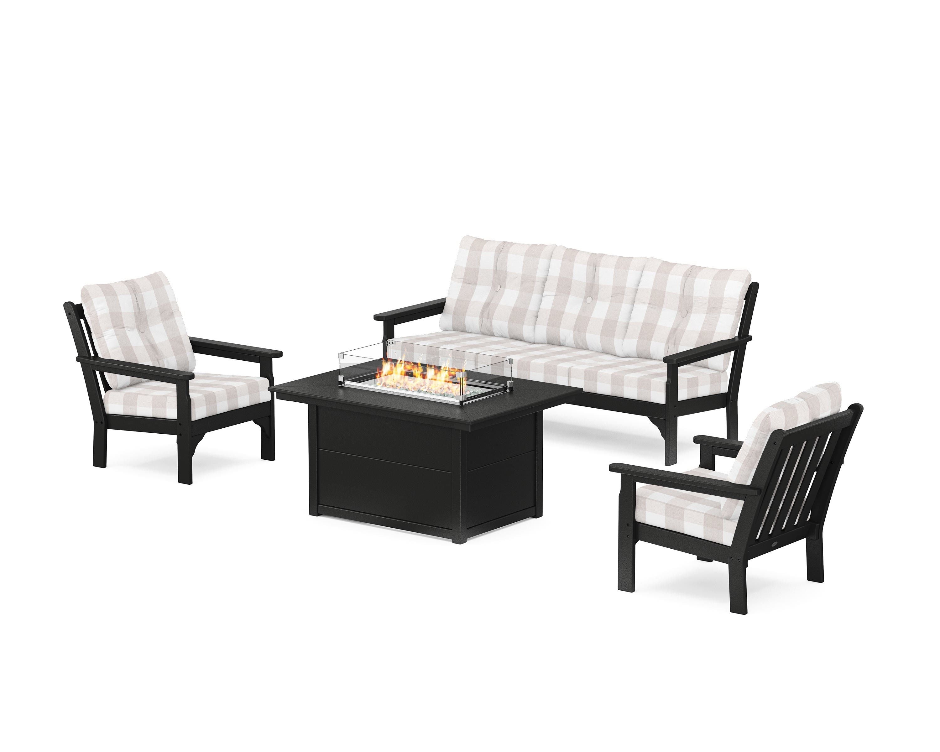 POLYWOOD® Vineyard Deep Seating Fire Pit Table Set in Black / Buffalo Plaid Dune Burlap