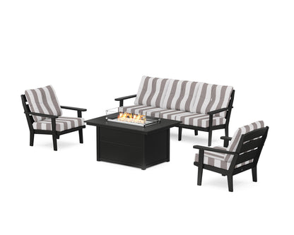 POLYWOOD® Lakeside Deep Seating Fire Pit Table Set in Black / Cabana Stripe Grey Mist