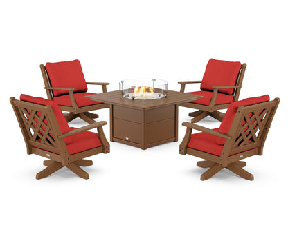 Country Living Wovendale 5-Piece Deep Seating Swivel Conversation Set with Fire Pit Table in Teak / Crimson Linen