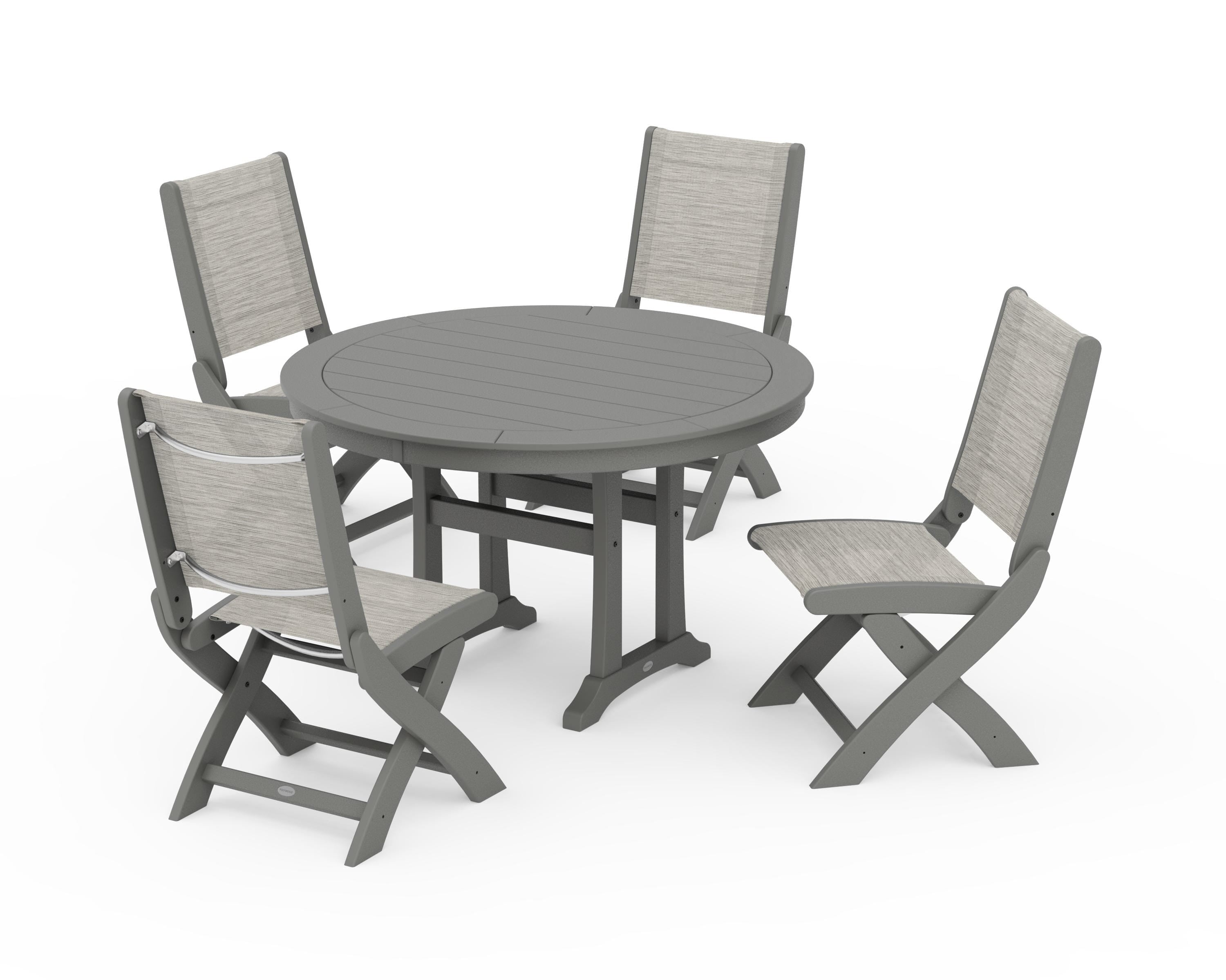POLYWOOD® Coastal Folding Side Chair 5-Piece Round Dining Set With Trestle Legs in Slate Grey / Birch Sling