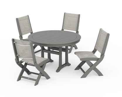 POLYWOOD® Coastal Folding Side Chair 5-Piece Round Dining Set With Trestle Legs in Slate Grey / Birch Sling