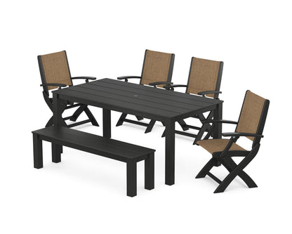 POLYWOOD® Coastal Folding Chair 6-Piece Parsons Dining Set with Bench in Black / Burlap Sling