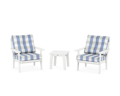 POLYWOOD® Oxford 3-Piece Deep Seating Set in White / Buffalo Plaid Sky Blue