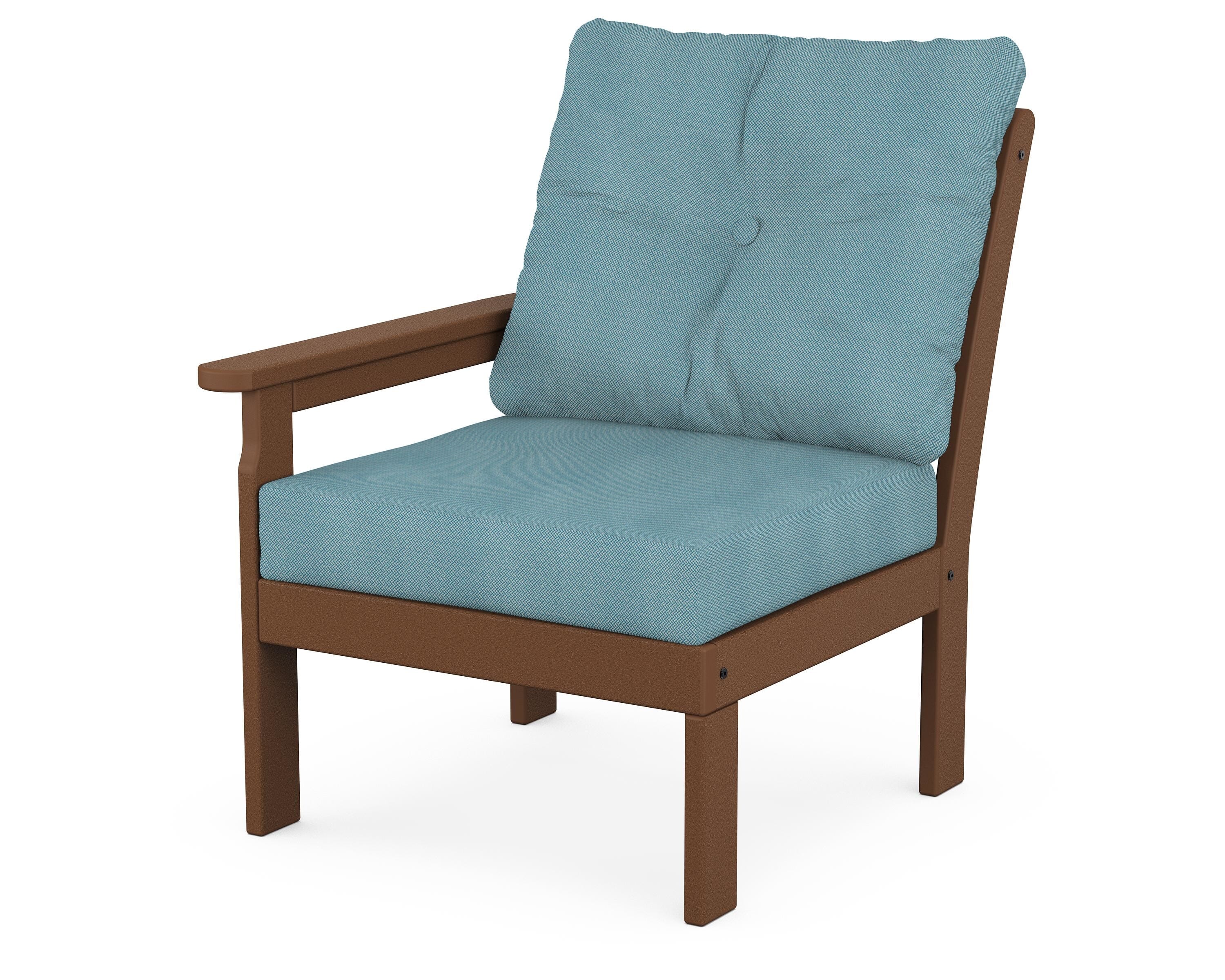 POLYWOOD® Vineyard Modular Left Arm Chair in Teak / Lattice Sky Blue