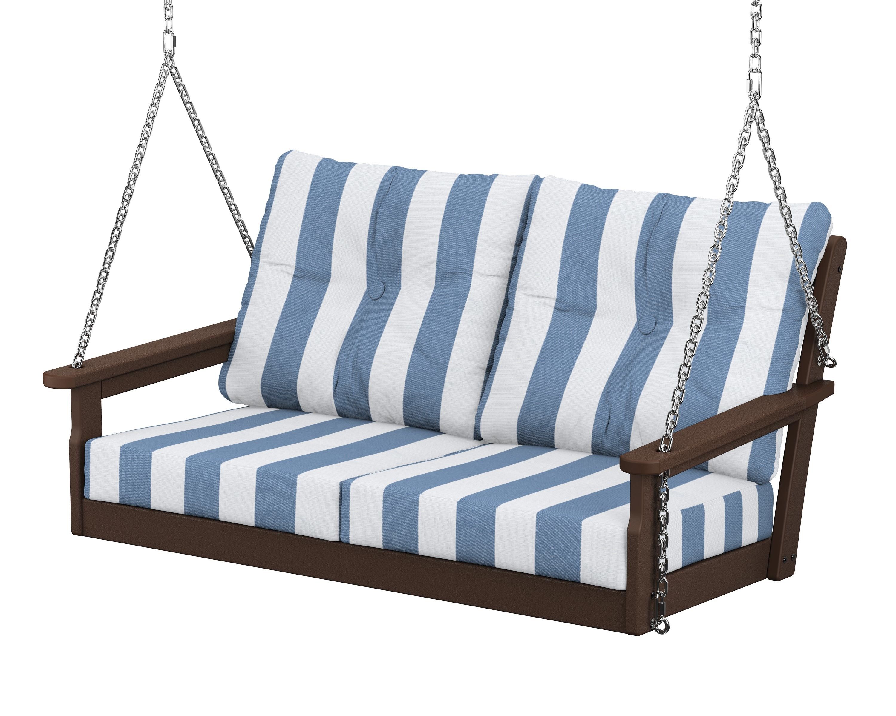 POLYWOOD® Vineyard Deep Seating Swing in Mahogany / Cabana Stripe Sky Blue