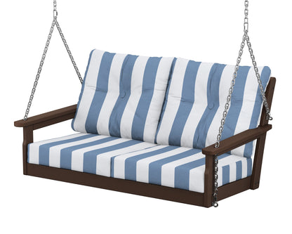 POLYWOOD® Vineyard Deep Seating Swing in Mahogany / Cabana Stripe Sky Blue