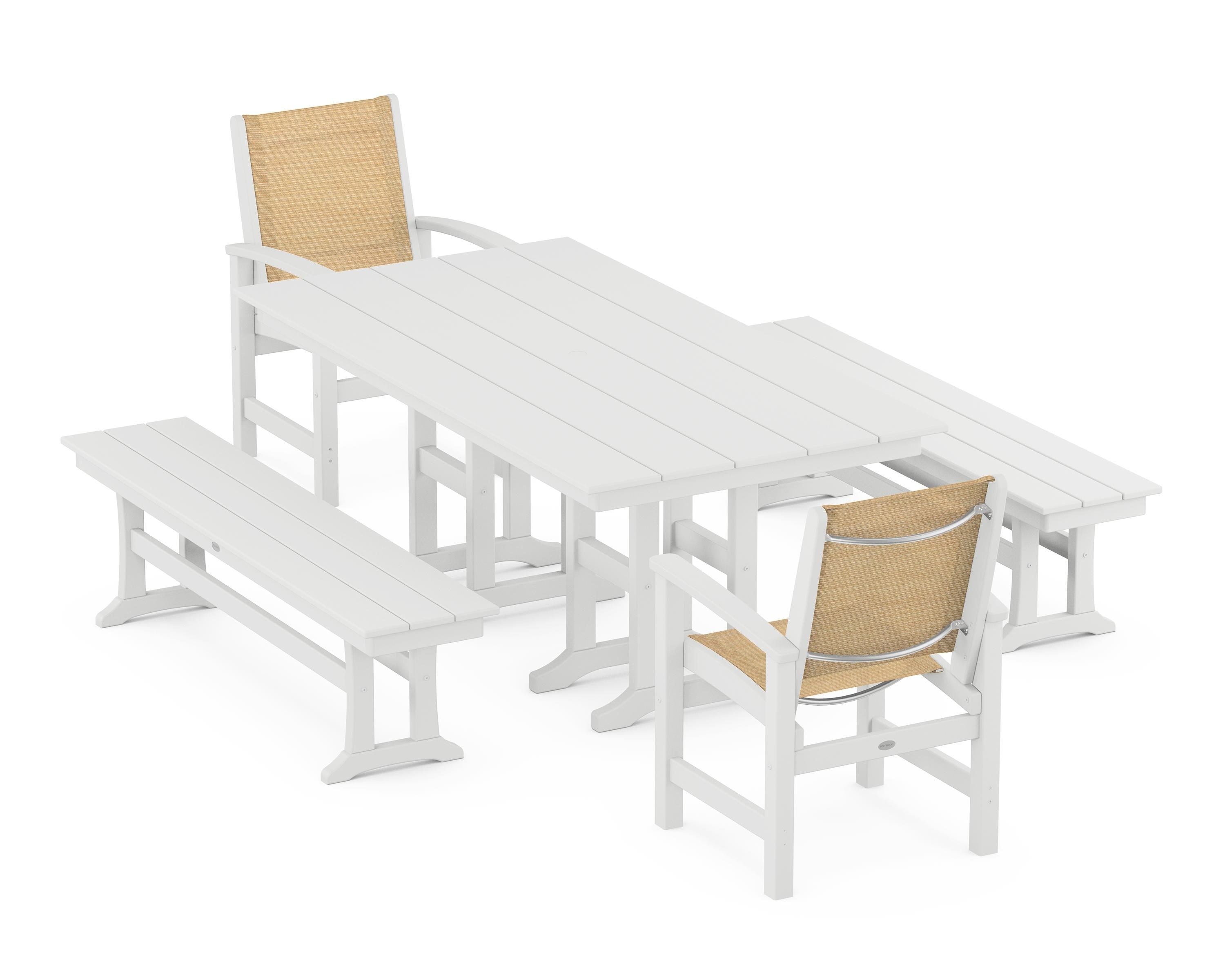 POLYWOOD® Coastal 5-Piece Farmhouse Dining Set in White / Dupioni Apricot Sling