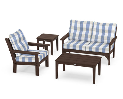 POLYWOOD® Vineyard 4-Piece Deep Seating Set in Mahogany / Buffalo Plaid Sky Blue