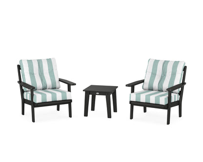 POLYWOOD® Oxford 3-Piece Deep Seating Set in Black / Cabana Stripe Glacier Spa