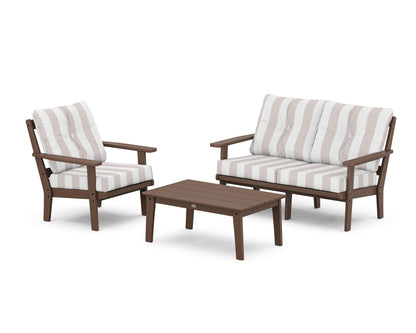 POLYWOOD® Prairie 3-Piece Deep Seating Set with Loveseat in Mahogany / Cabana Stripe Dune Burlap