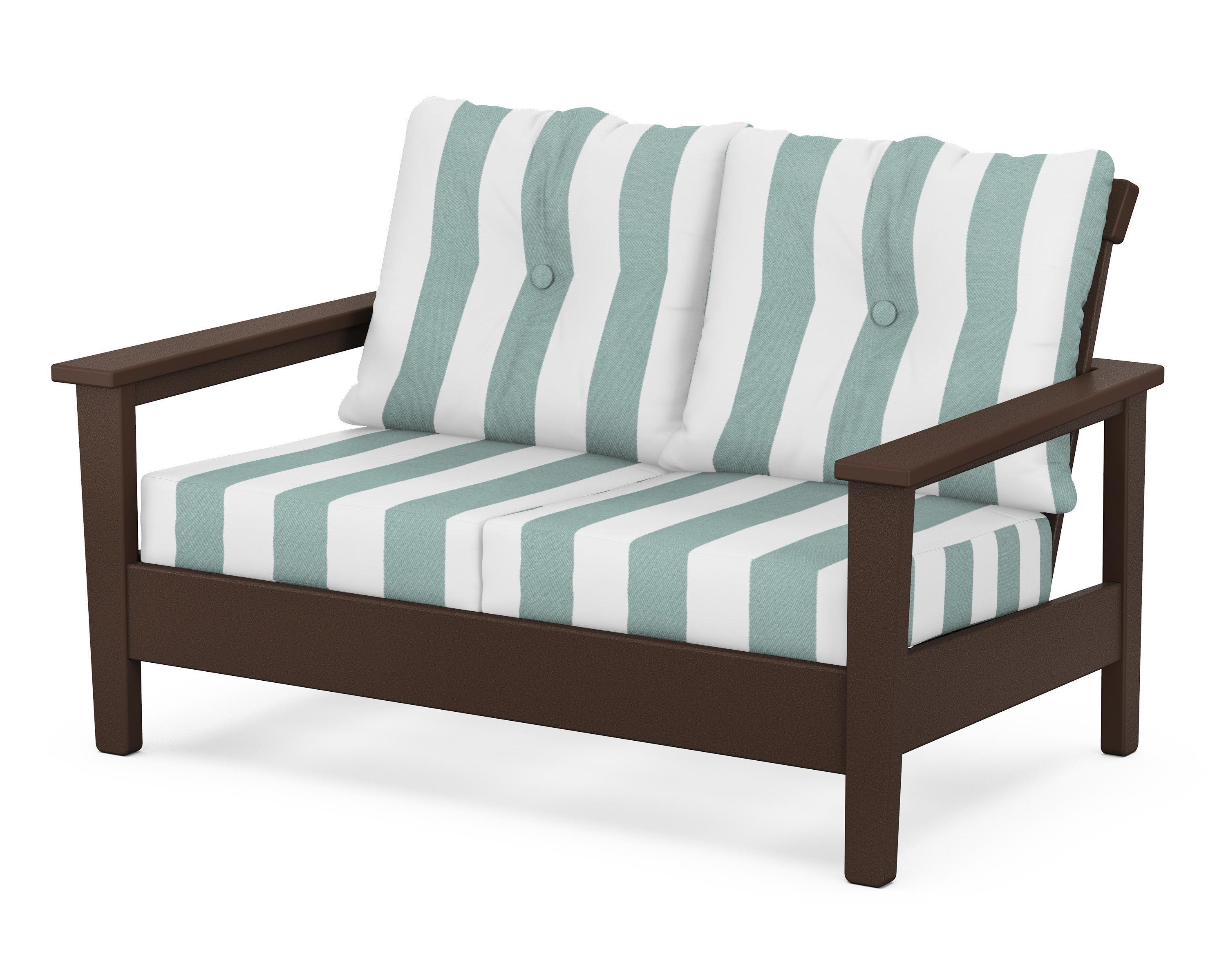 POLYWOOD® Prescott Deep Seating Loveseat in Mahogany / Cabana Stripe Glacier Spa