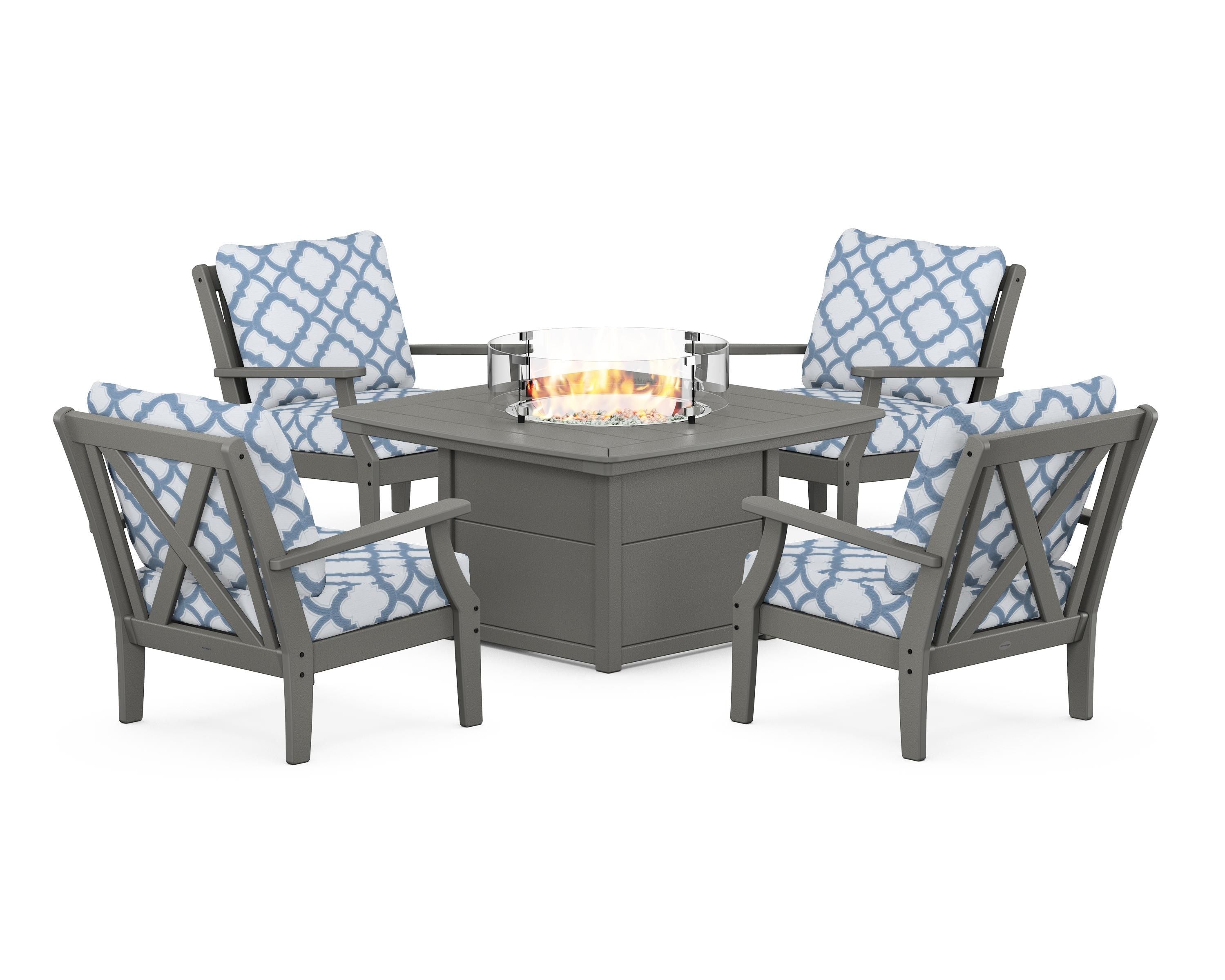POLYWOOD® Braxton 5-Piece Deep Seating Conversation Set with Fire Pit Table in Slate Grey / Trellis Sky Blue