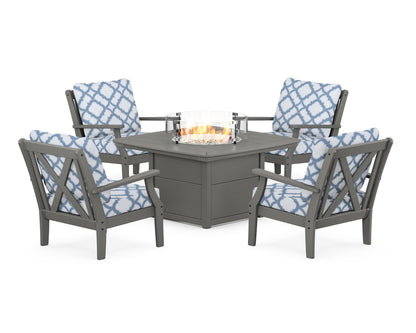 POLYWOOD® Braxton 5-Piece Deep Seating Conversation Set with Fire Pit Table in Slate Grey / Trellis Sky Blue