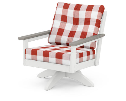 POLYWOOD® Vineyard Deep Seating Swivel Chair in White / Driftwood / Buffalo Plaid Crimson