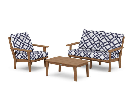 POLYWOOD® Oxford 3-Piece Deep Seating Set with Loveseat in Teak / Trellis Navy
