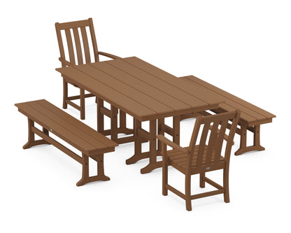 POLYWOOD® Vineyard 5-Piece Farmhouse Dining Set with Benches in Teak