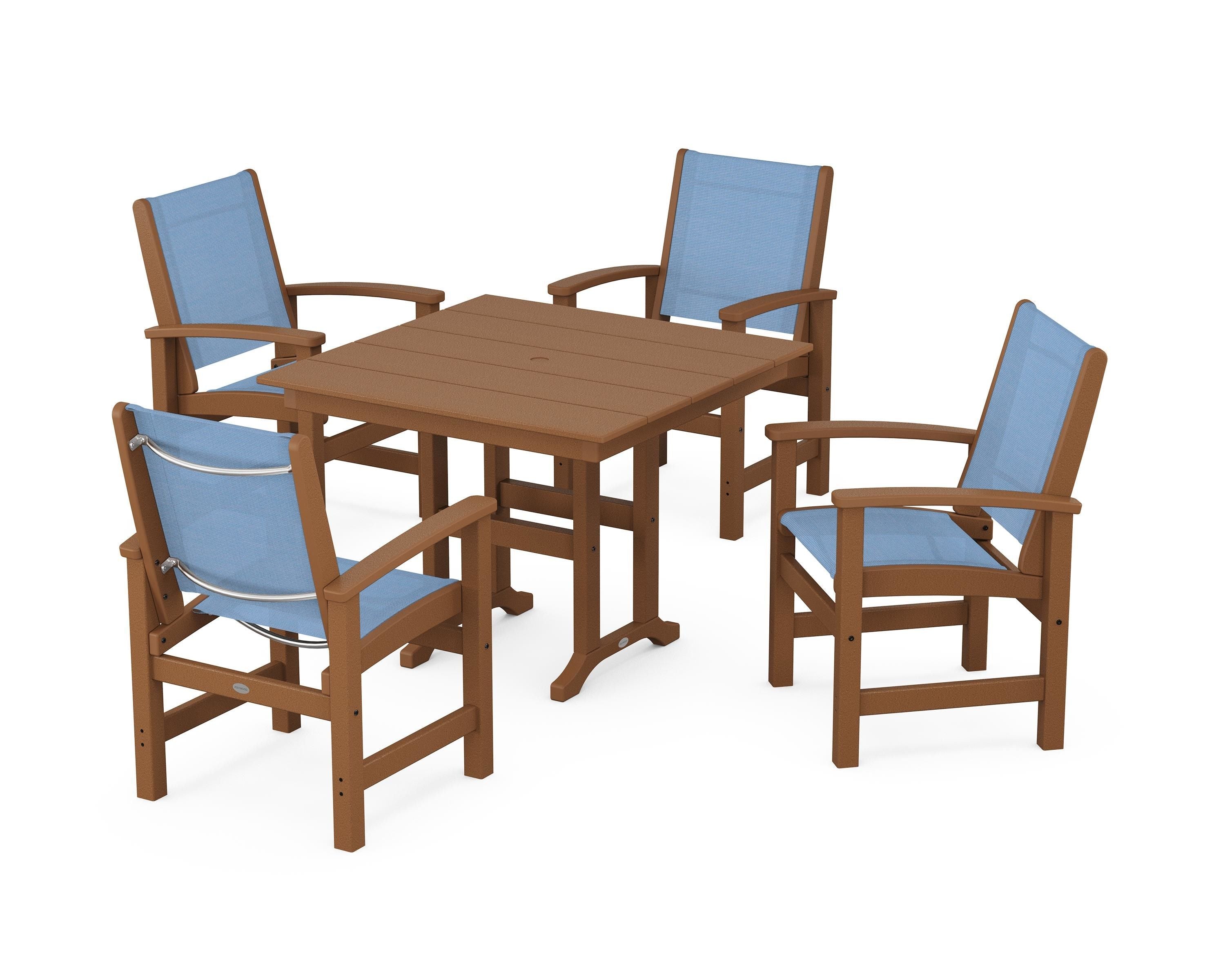 POLYWOOD® Coastal 5-Piece Farmhouse Dining Set in Teak / Poolside Sling