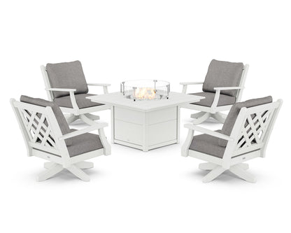 Country Living Wovendale 5-Piece Deep Seating Swivel Conversation Set with Fire Pit Table in White / Grey Mist