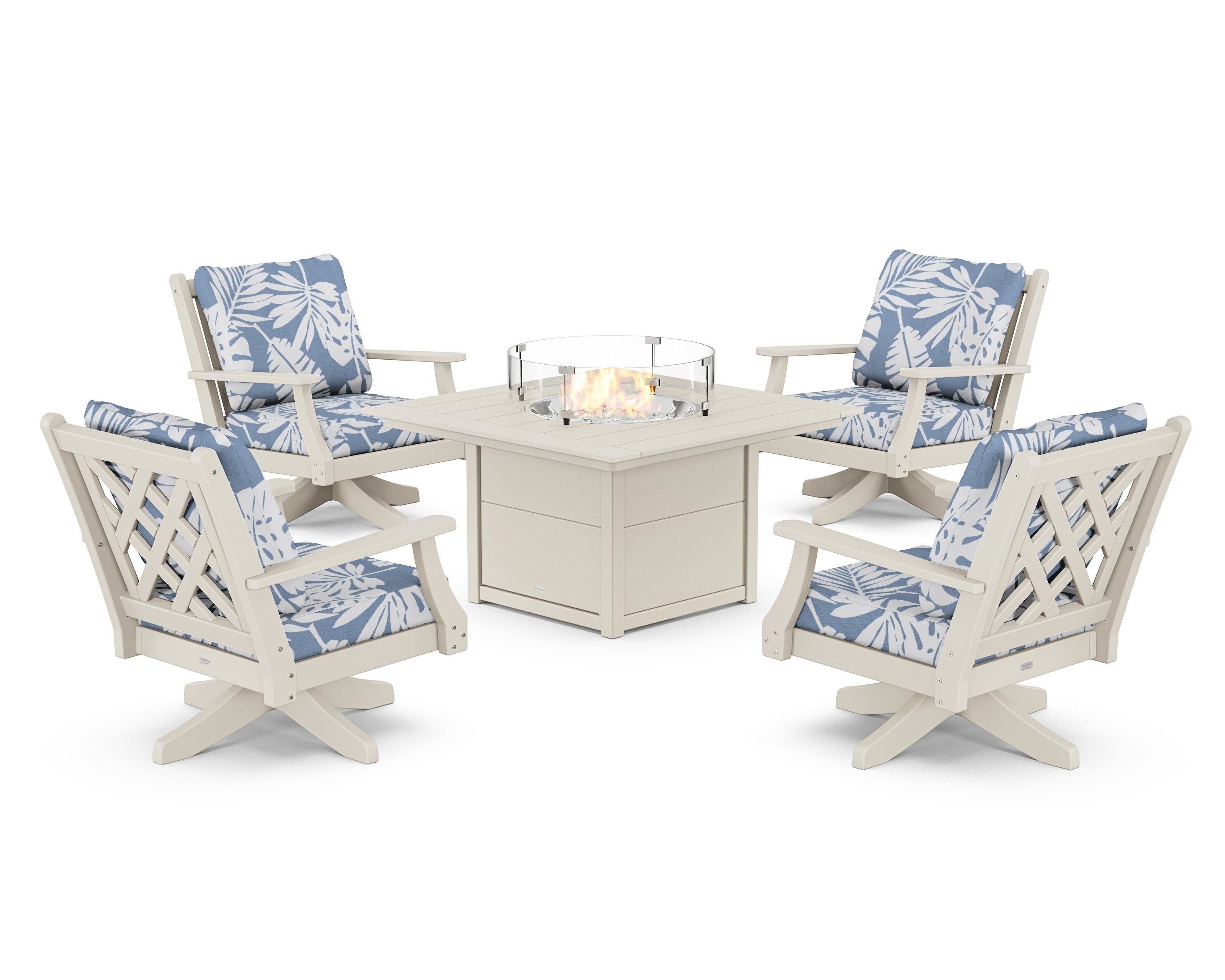 Country Living Wovendale 5-Piece Deep Seating Swivel Conversation Set with Fire Pit Table in Sand / Leaf Sky Blue