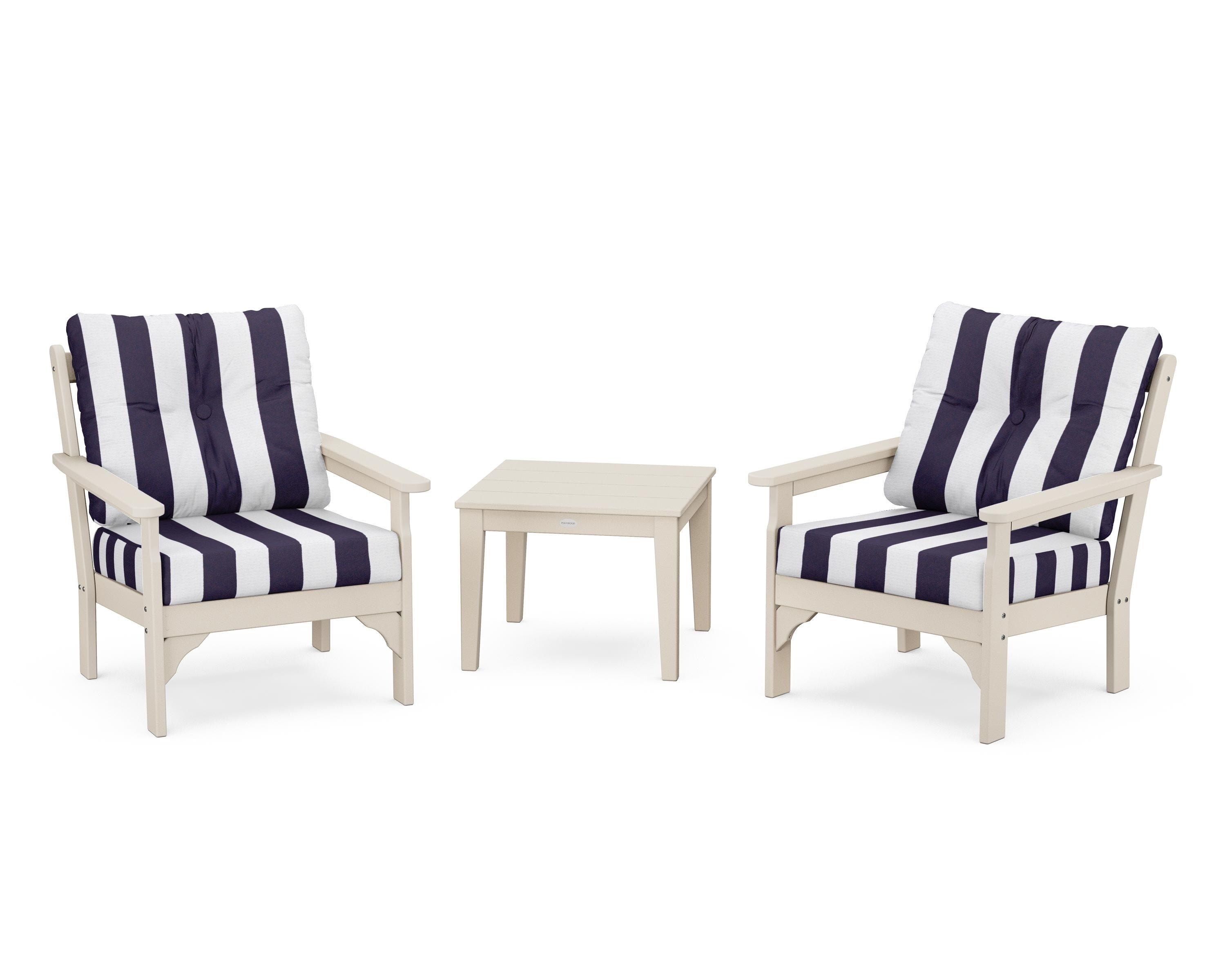 POLYWOOD® Vineyard 3-Piece Deep Seating Set in Sand / Cabana Stripe Navy