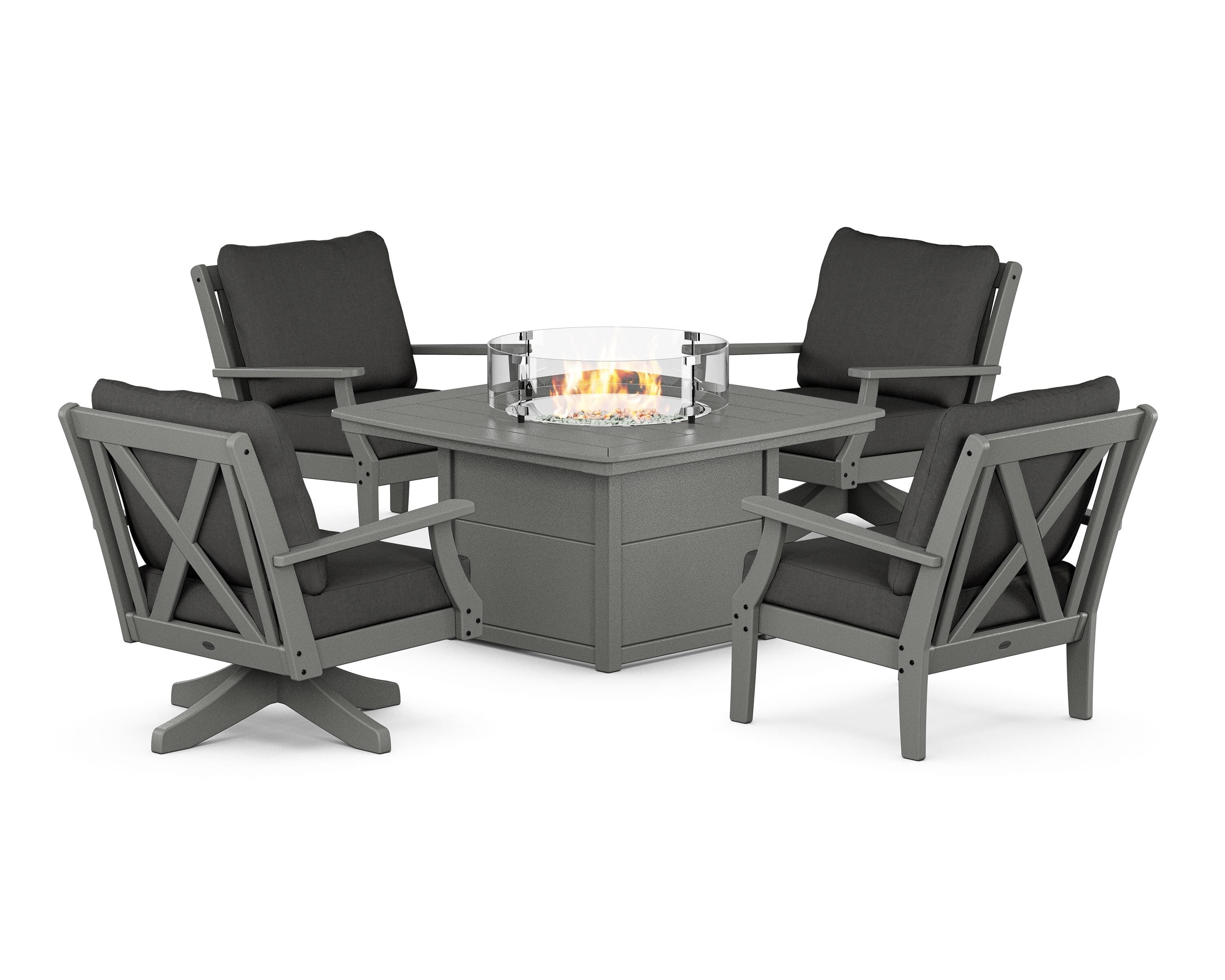 POLYWOOD® Braxton 5-Piece Deep Seating Set with Fire Table in Slate Grey / Spectrum Carbon