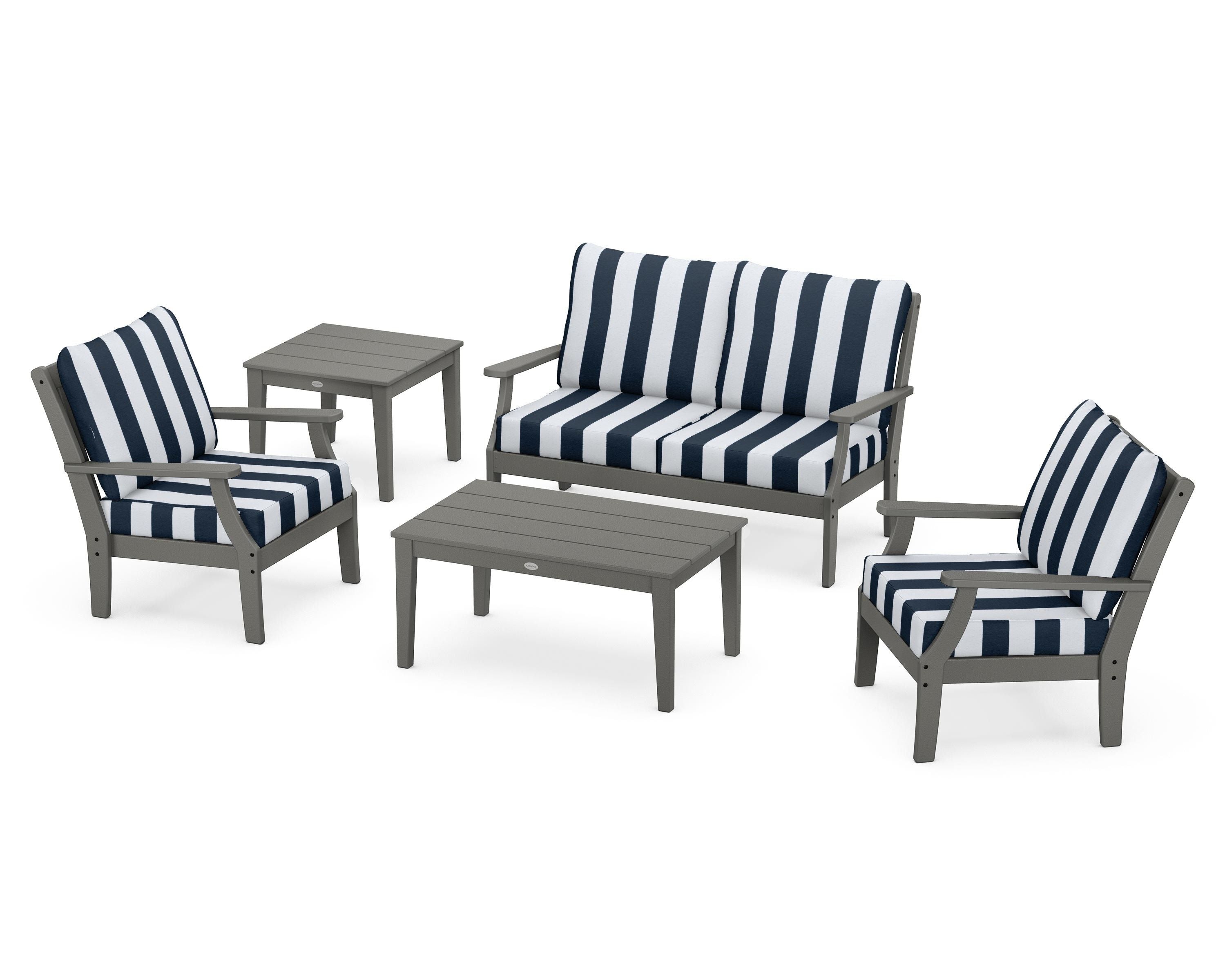 POLYWOOD® Braxton 5-Piece Deep Seating Set in Slate Grey / Cabana Stripe Marine Indigo