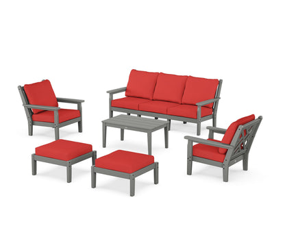 POLYWOOD® Chippendale 6-Piece Lounge Sofa Set in Slate Grey / Crimson Linen