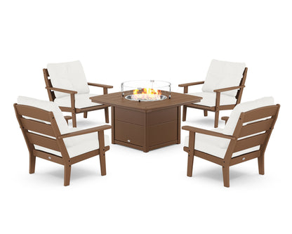 POLYWOOD® Lakeside 5-Piece Deep Seating Set with Nautical Fire Pit Table in Teak / Natural Linen