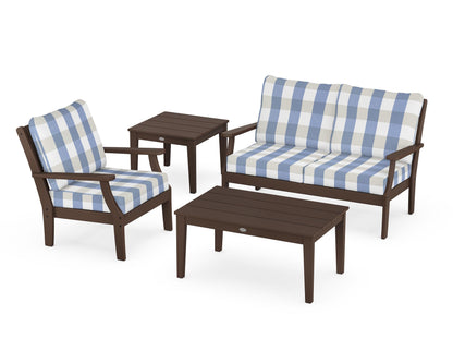 POLYWOOD® Braxton 4-Piece Deep Seating Set in Mahogany / Buffalo Plaid Sky Blue