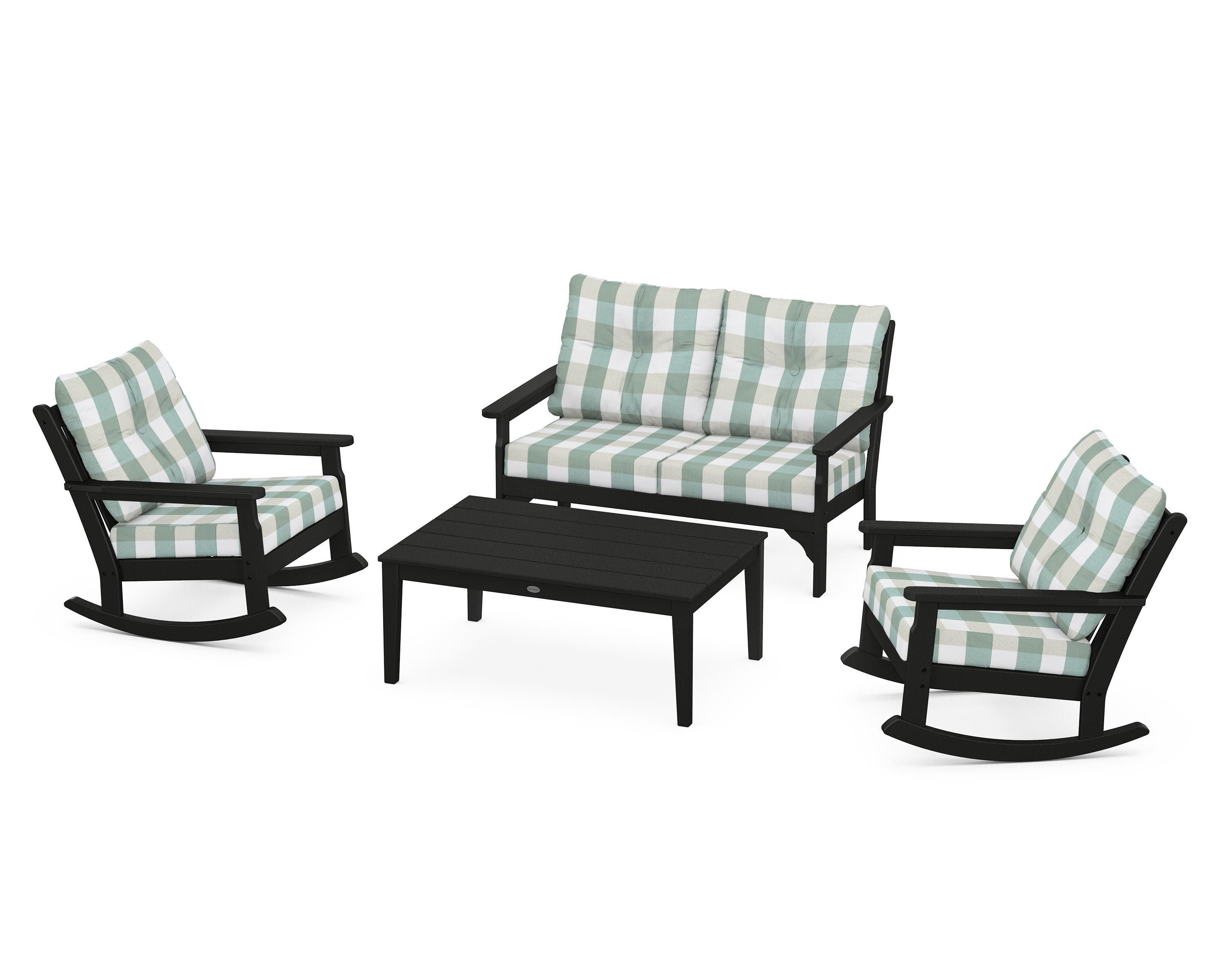 POLYWOOD® Vineyard 4-Piece Deep Seating Rocking Chair Set in Black / Buffalo Plaid Glacier Spa