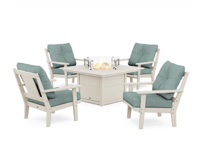 POLYWOOD® Prairie 5-Piece Deep Seating Set with Fire Pit Table in Sand / Glacier Spa