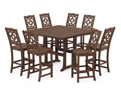 Martha Stewart by POLYWOOD® Chinoiserie 9-Piece Square Farmhouse Side Chair Bar Set with Trestle Legs in Mahogany