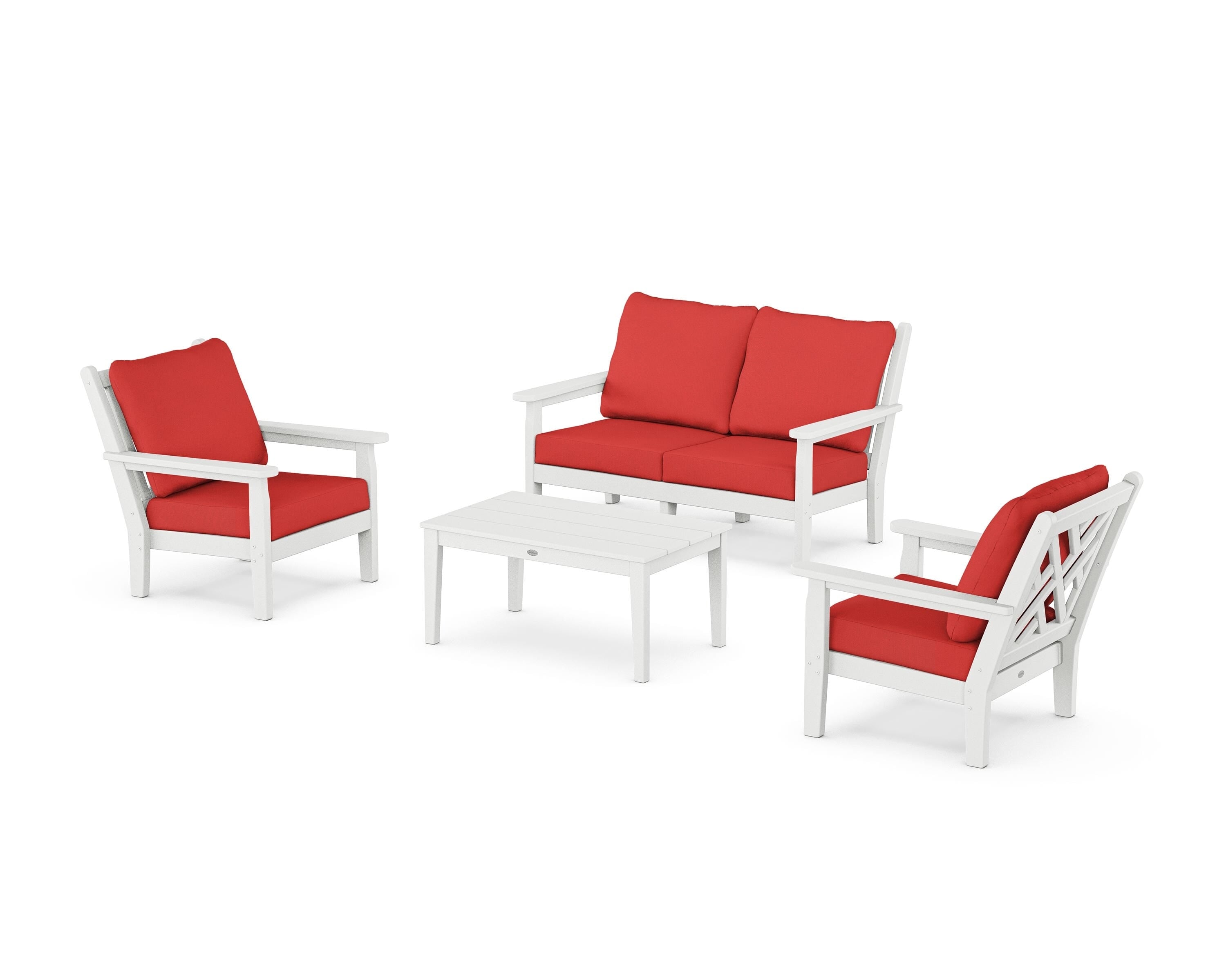 POLYWOOD® Chippendale 4-Piece Deep Seating Set with Loveseat in White / Crimson Linen