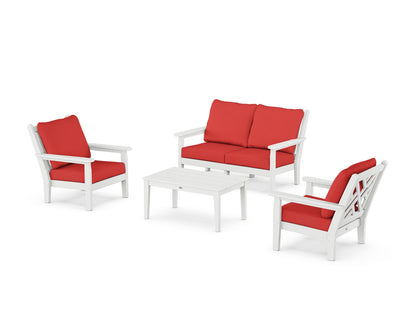 POLYWOOD® Chippendale 4-Piece Deep Seating Set with Loveseat in White / Crimson Linen