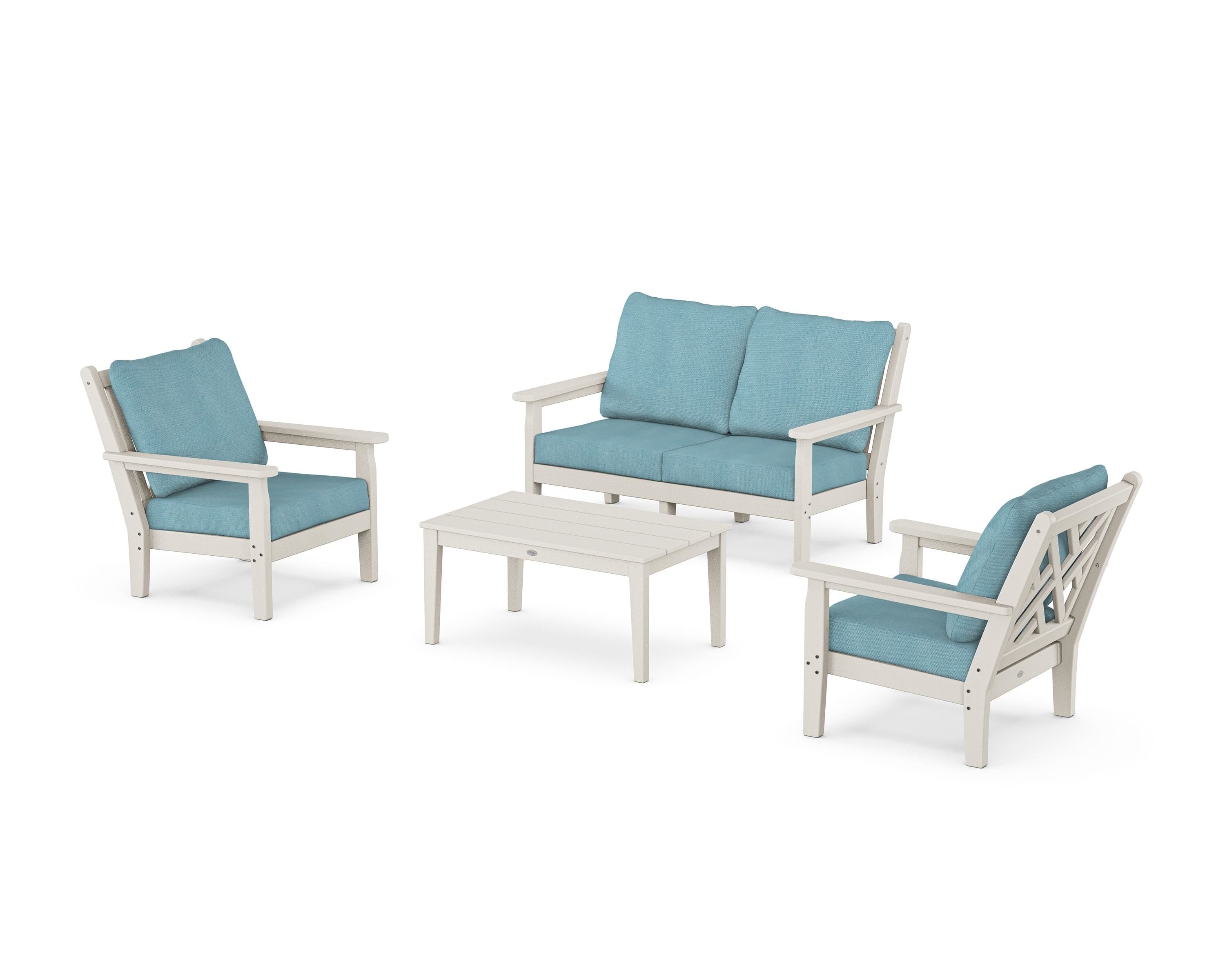 POLYWOOD® Chippendale 4-Piece Deep Seating Set with Loveseat in Sand / Lattice Sky Blue